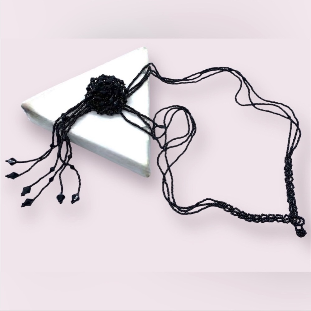 Antique Necklace Black Bead Tassel + Floral Detailing